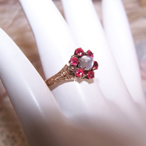 Antique Victorian 14K Gold Moonstone Pink Quartz Engagement Ring - Size 5 - Picture 7 of 12